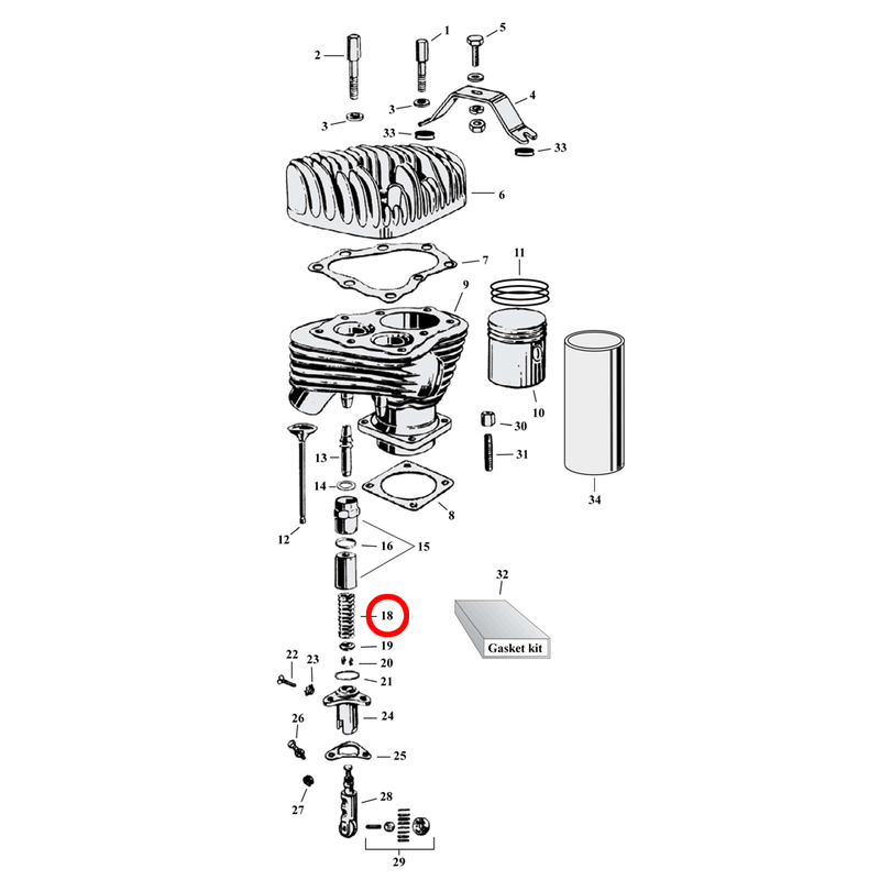 Cylinder Parts Diagram Exploded View for Harley 45" Flathead 18) 32-40 45" SV. Valve springs (set of 4).