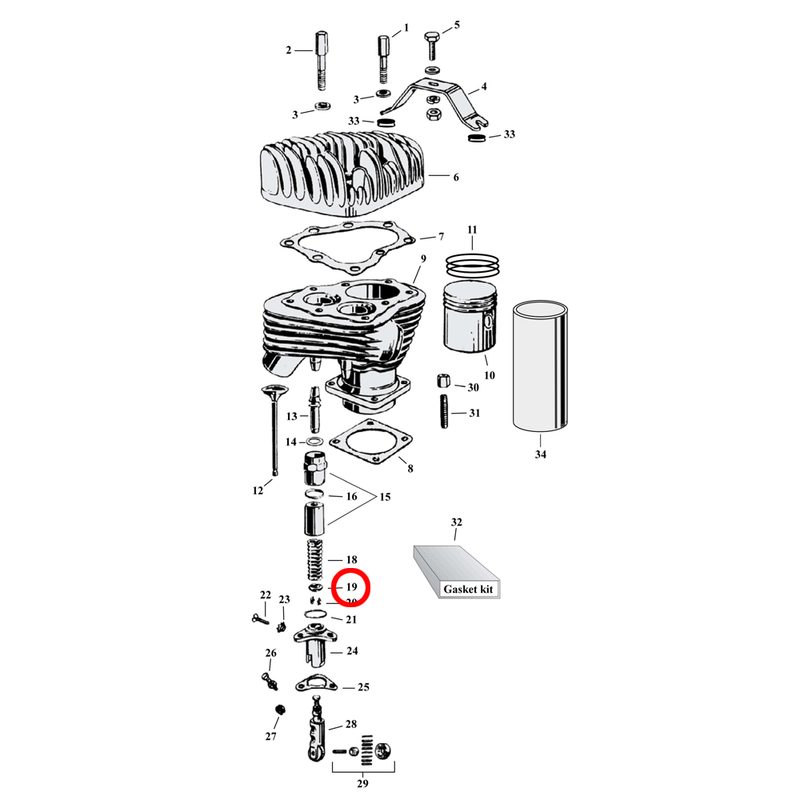Cylinder Parts Diagram Exploded View for Harley 45" Flathead 19) 32-73 G, GE. Valve spring collar (set of 4). Replaces OEM: 18220-30