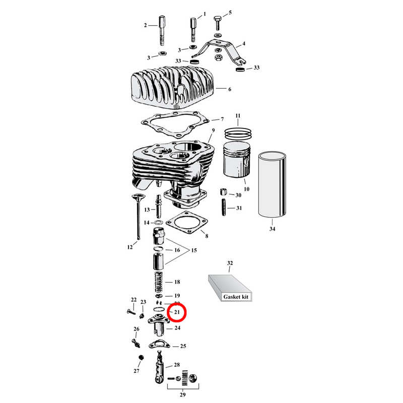 Cylinder Parts Diagram Exploded View for Harley 45" Flathead 21) 26-73 45" SV. James. Washer, valve spring cover. Replaces OEM: 18630-26