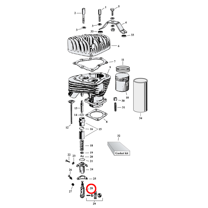 Cylinder Parts Diagram Exploded View for Harley 45" Flathead 28) 29-73 45" SV. Tappet. Replaces OEM: 18490-29