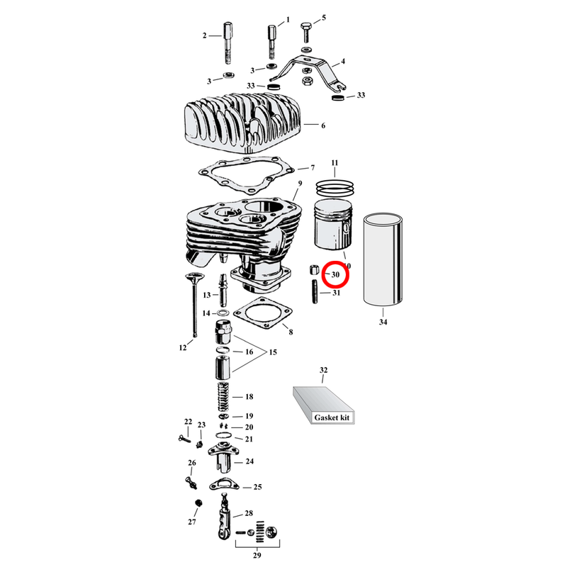 Cylinder Parts Diagram Exploded View for Harley 45" Flathead 30) 30-73 45" Flathead. Nut, cylinder base. Replaces OEM: 16603-72