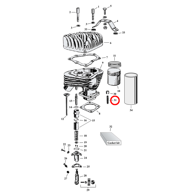 Cylinder Parts Diagram Exploded View for Harley 45" Flathead 31) 30-73 45" Flathead. Stud, cylinder base (set of 4). Replaces OEM: 16830-29A