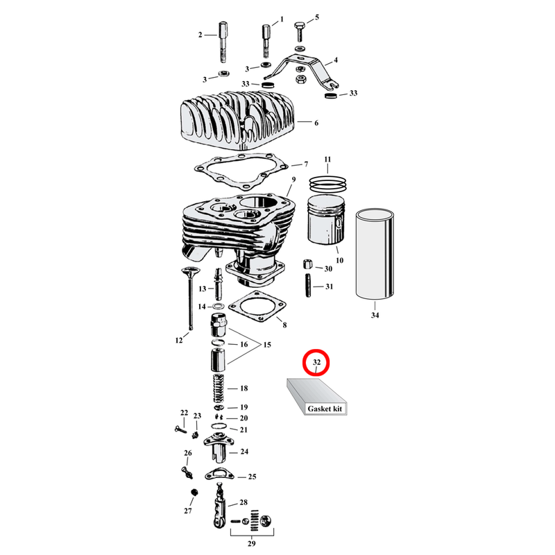 Cylinder Parts Diagram Exploded View for Harley 45" Flathead 32) 40-73 45" SV. James motor gasket set. Replaces OEM: 17026-40