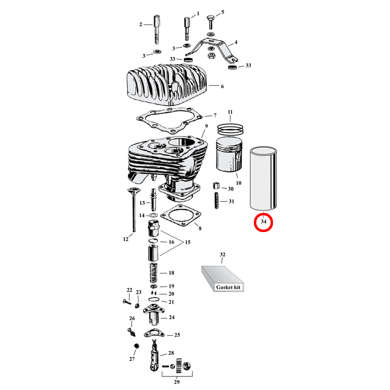 Cylinder Parts Diagram Exploded View for Harley 45" Flathead 34) 29-73 45" SV. Cylinder sleeve, 2 3/4" bore.