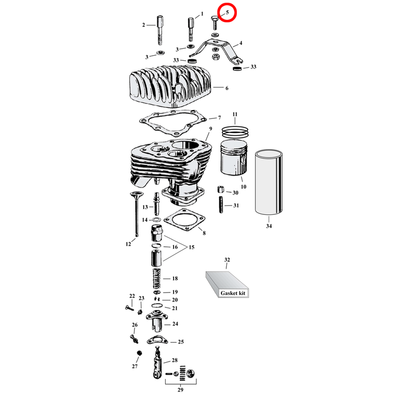 Cylinder Parts Diagram Exploded View for Harley 45" Flathead 5) 32-73 45" SV. Bolt. 7/16-20 x 1". Replaces OEM: 4620W