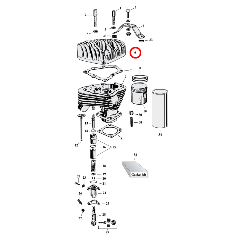 Cylinder Parts Diagram Exploded View for Harley 45" Flathead 6) 42-73 45" SV, Cylinder head, aluminum. Front. Stock 1:5 CR. Replaces OEM: 16691-55