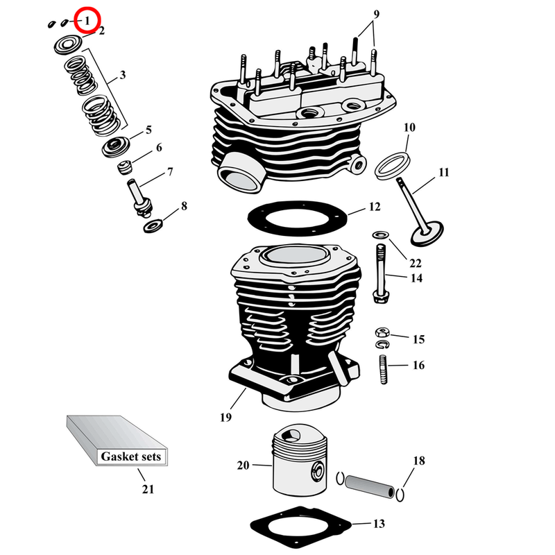 Cylinder Parts Diagram Exploded View for Harley Panhead 1) 48-65 Panhead. Manley valve keys (set of 8). Replaces OEM: 18228-36