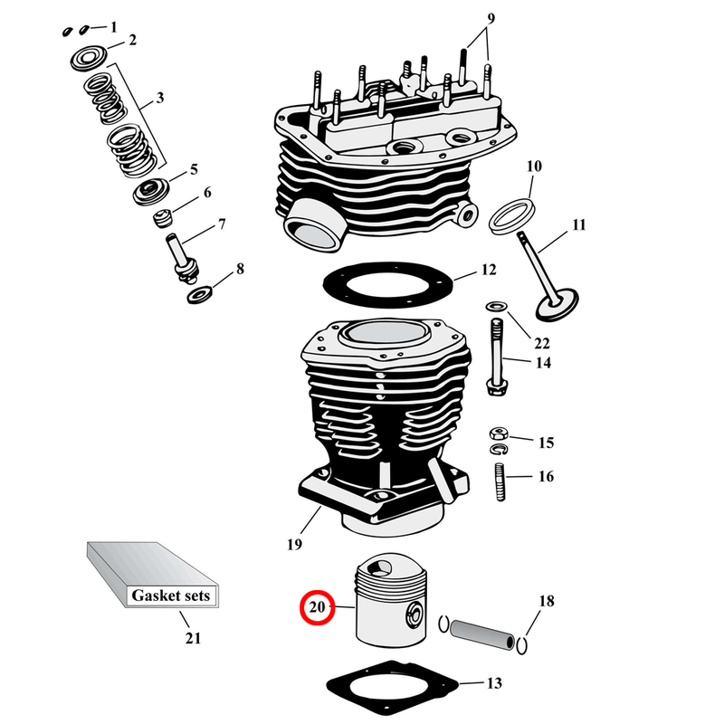 Cylinder Parts Diagram Exploded View for Harley Panhead 20) 48-65 Panhead. See pistons separately.