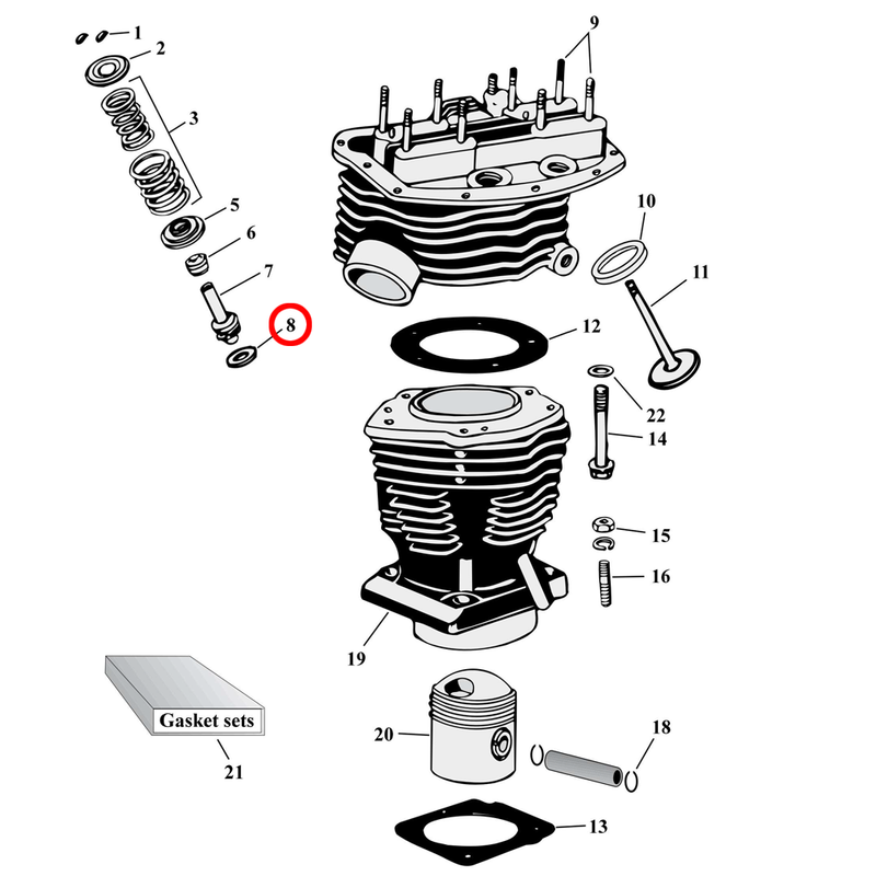Cylinder Parts Diagram Exploded View for Harley Panhead 8) 48-65 Panhead. James valve guide gaskets. Replaces OEM: 18196-51