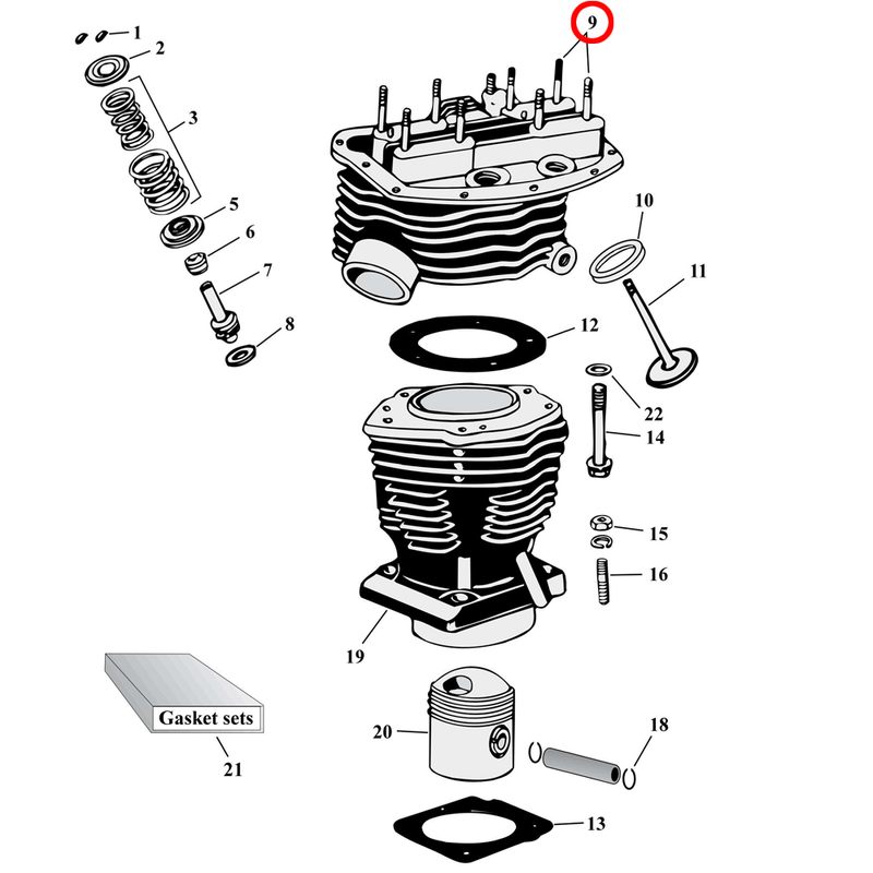 Cylinder Parts Diagram Exploded View for Harley Panhead 9) 48-65 Panhead. Rocker arm studs (set of 8). Replaces OEM: 17647-48