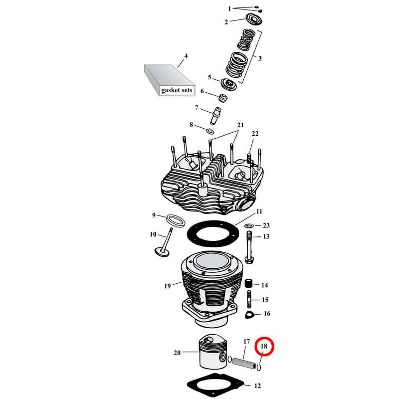 Cylinder Parts Diagram Exploded View for Harley Shovelhead 18) 73-E77 Shovelhead. Retaining rings, wrist pin. Replaces OEM: 22582-52