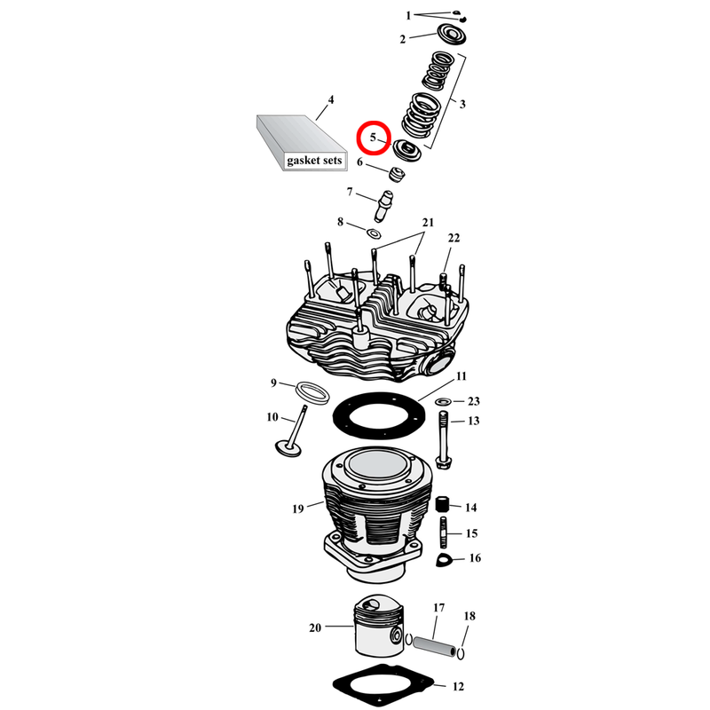 Cylinder Parts Diagram Exploded View for Harley Shovelhead 5) 66-79 Shovelhead. Manley valve spring collar, lower (set of 4).