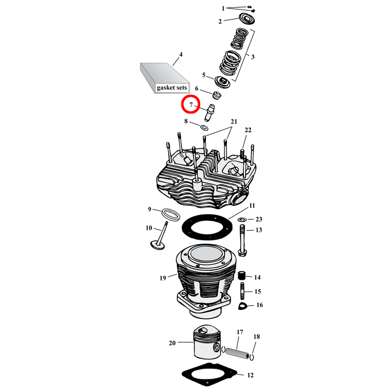 Cylinder Parts Diagram Exploded View for Harley Shovelhead 7) 66-84 Shovelhead. See valve guides separately.