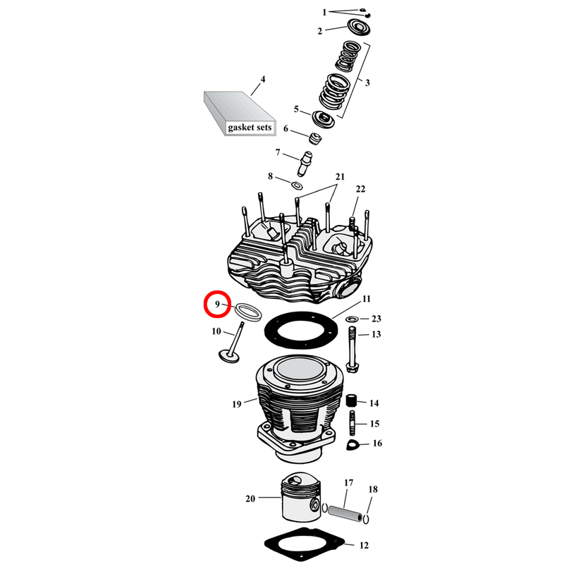 Cylinder Parts Diagram Exploded View for Harley Shovelhead 9) 66-84 Shovelhead. KPMI valve seat, intake. Replaces OEM: 18018-66, 18056-66B & 18020-79