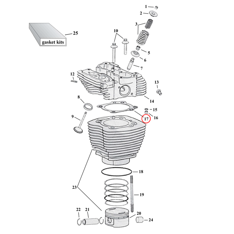 Cylinder Parts Diagram Exploded View for Harley Twin Cam 17) 99-17 TCA/B 88/96". James .045" firereing silicone head gasket, 3-3/4" (3.75") bore. Replaces OEM: 16775-99B