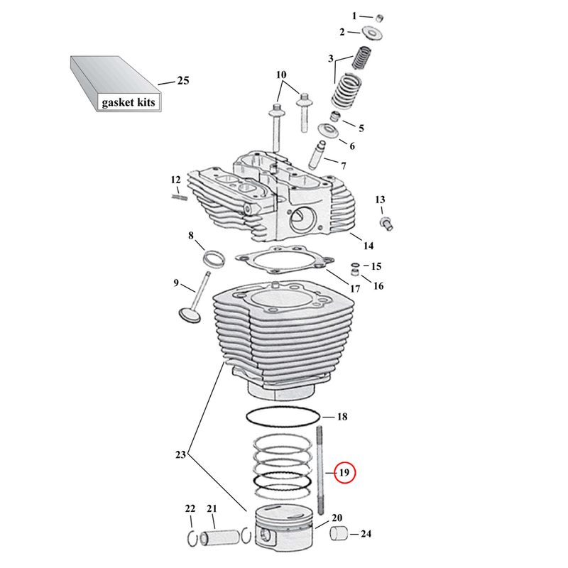 Cylinder Parts Diagram Exploded View for Harley Twin Cam 19) 99-17 TCA/B. KPMI cylinder stud set (set of 8). Replaces OEM: 16834-99A