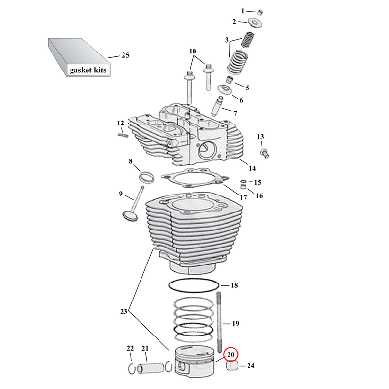 Cylinder Parts Diagram Exploded View for Harley Twin Cam 20) See piston kits seaprately.