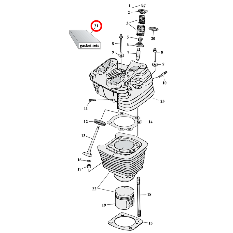 Cylinder Parts Diagram Exploded View for Harley Twin Cam 21) 07-17 TCA/B 96/103". Piston wrist pin. Replaces OEM: 22131-05