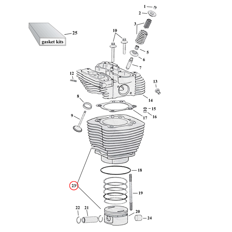 Cylinder Parts Diagram Exploded View for Harley Twin Cam 23) 99-17 TCA/B 95/103". OEM style replacement cylinder, 3-7/8" (3.875") bore. Front or rear.
