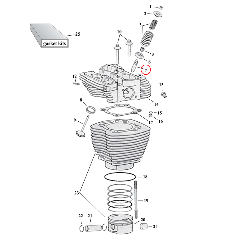Cylinder Parts Diagram Exploded View for Harley Twin Cam 7) 99-17 TCA/B. See valve guides separately.