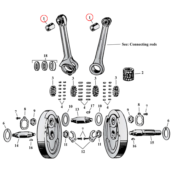 Flywheel Assembly Parts Diagram Exploded View for Harley 45" Flathead 1) 29-73 45" SV. Jims machined wristpin bushings (set of 2). Replaces OEM: 24331-36
