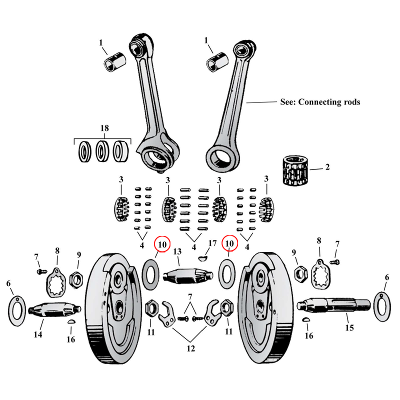 Flywheel Assembly Parts Diagram Exploded View for Harley 45" Flathead 10) 36-73 45" SV. Flywheel washer (inside flywheels) (set of 2). .065". Replaces OEM: 23972-21B
