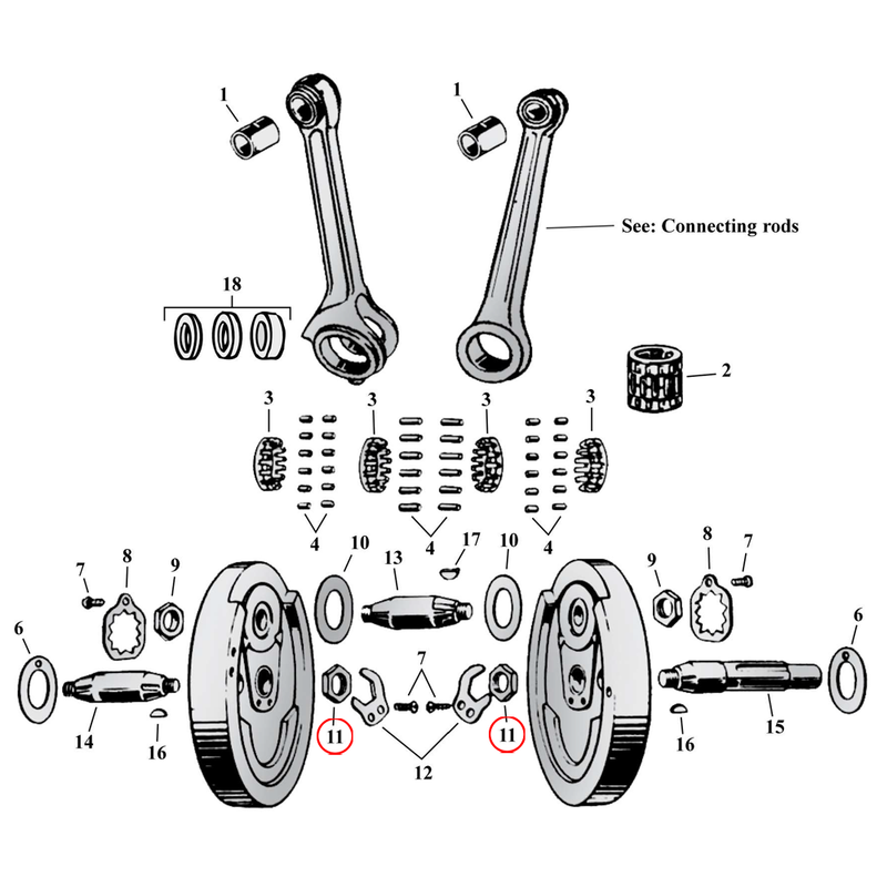 Flywheel Assembly Parts Diagram Exploded View for Harley 45" Flathead 11) 37-73 45" SV. Nut, sprocket / pinion shaft. Replaces OEM: 7974