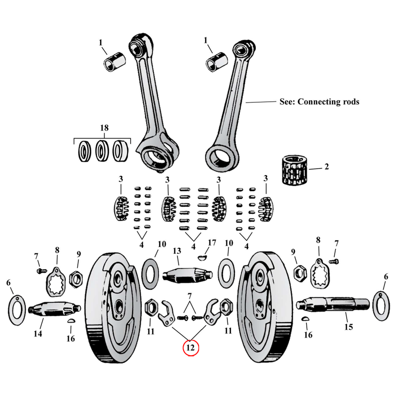 Flywheel Assembly Parts Diagram Exploded View for Harley 45" Flathead 12) 32-73 45" SV. Lockwasher. Replaces OEM: 24016-29