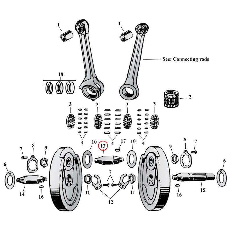 Flywheel Assembly Parts Diagram Exploded View for Harley 45" Flathead 13) 32-73 45" SV. Jims crankpin. Replaces OEM: 23960-29