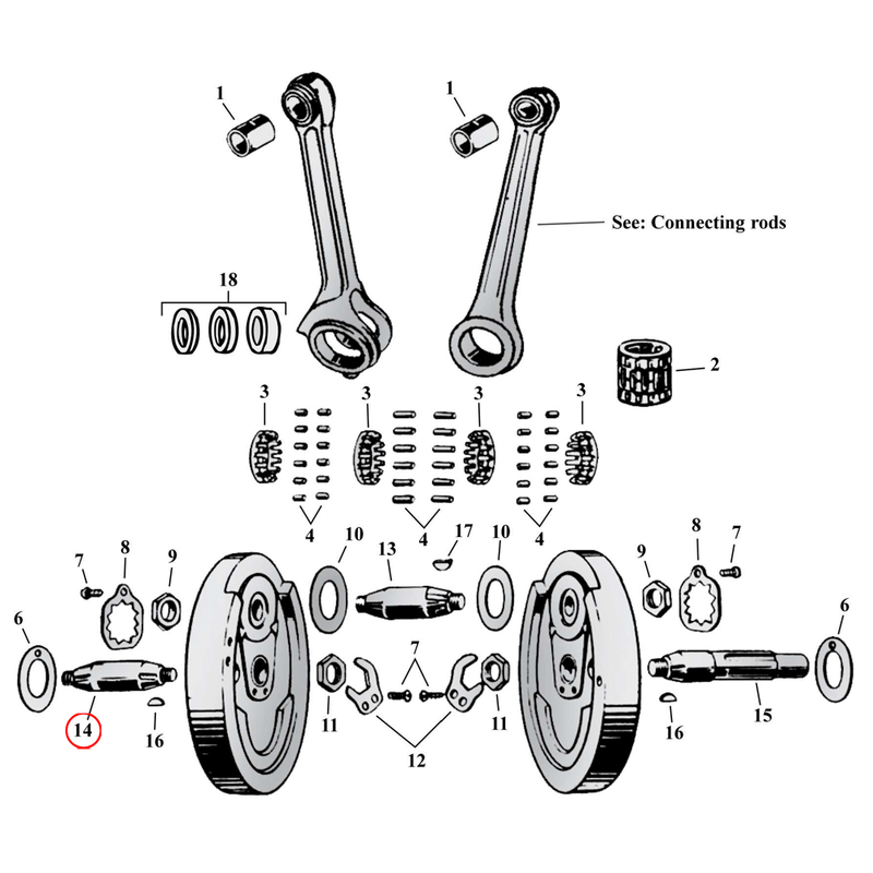 Flywheel Assembly Parts Diagram Exploded View for Harley 45" Flathead 14) 29-73 45" SV. Jims sprocket shaft. Replaces OEM: 24000-29