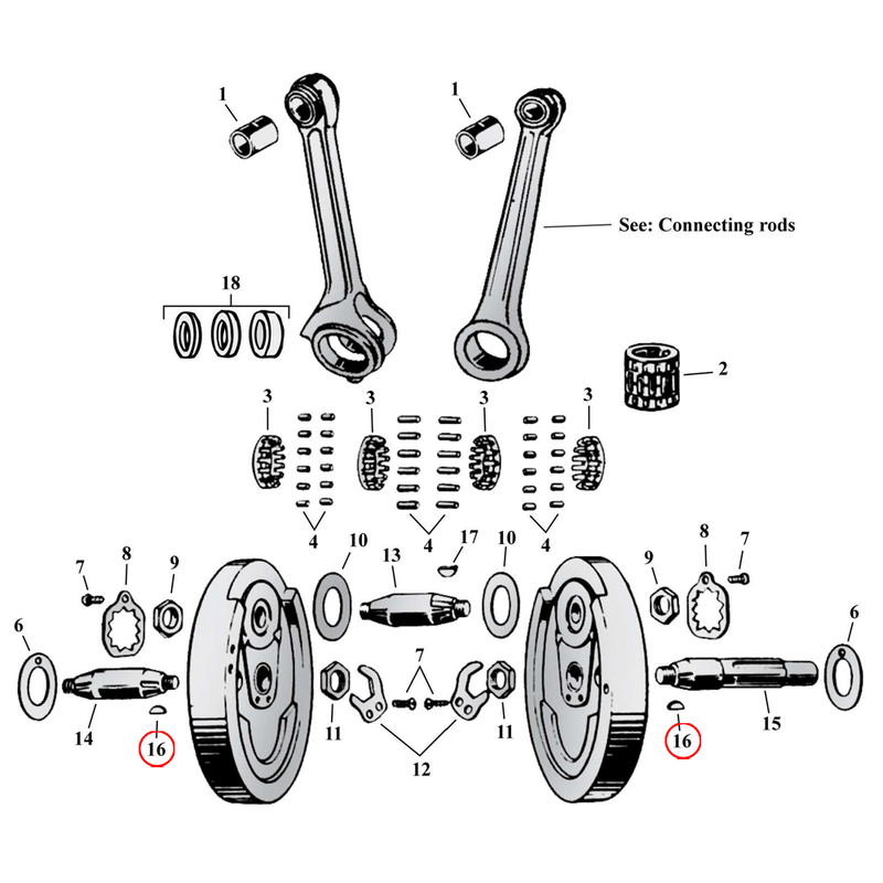 Flywheel Assembly Parts Diagram Exploded View for Harley 45" Flathead 16) 37-73 45" SV. Key, pinion/sprocket shaft. Replaces OEM: 23985-12
