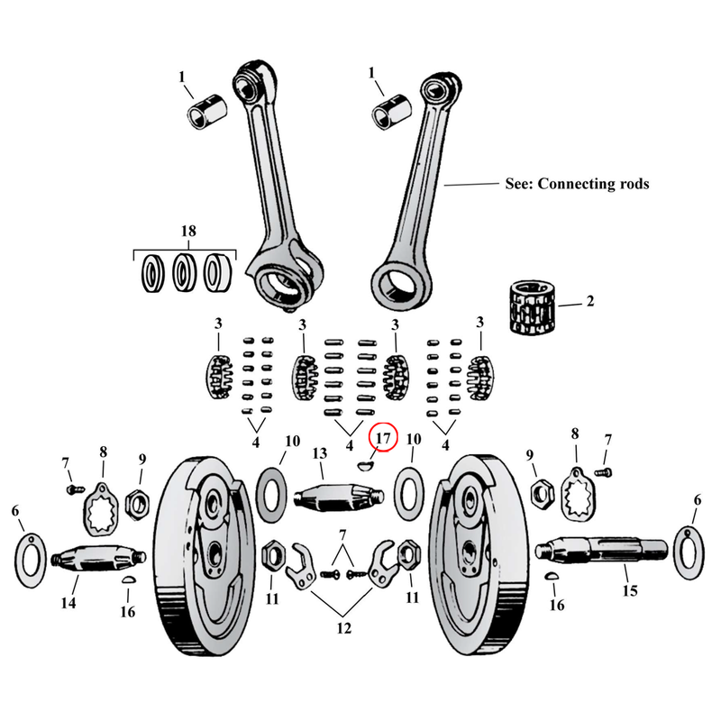 Flywheel Assembly Parts Diagram Exploded View for Harley 45" Flathead 17) 29-73 45" SV. S&S woodruff key, crankpin. Replaces OEM: 23985-18