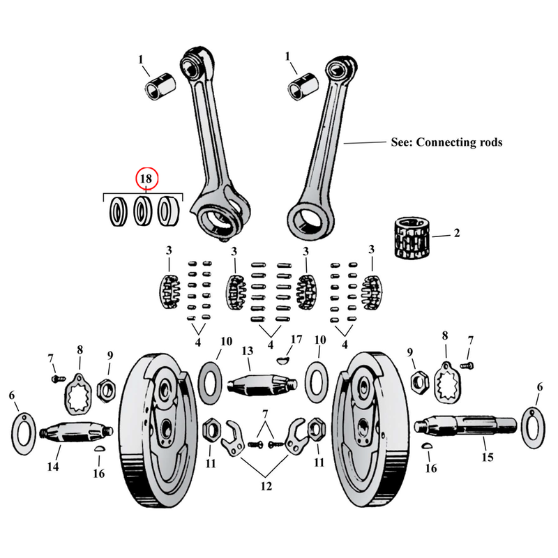Flywheel Assembly Parts Diagram Exploded View for Harley 45" Flathead 18) 29-73 45" SV. Connecting rod race (set of 3).