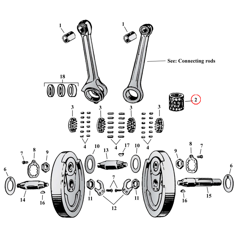 Flywheel Assembly Parts Diagram Exploded View for Harley 45" Flathead 2) 29-73 45" SV. Connecting rod roller & retainer kit. +.0010". Replaces OEM: 24375-29
