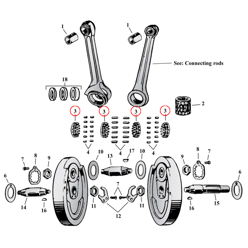 Flywheel Assembly Parts Diagram Exploded View for Harley 45" Flathead 3) 29-73 45" SV. Retainer, connecting rod roller. Replaces OEM: 24365-29