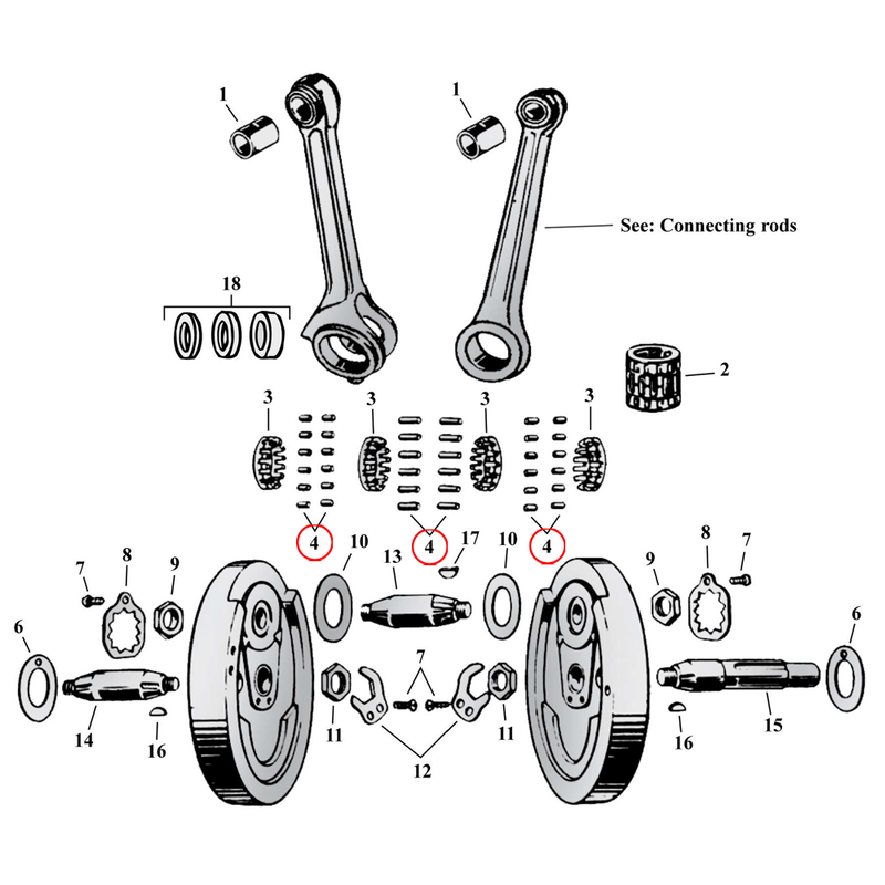Flywheel Assembly Parts Diagram Exploded View for Harley 45" Flathead 4) 29-73 45" SV. Crankpin short + long roller (set of 36). Standard size. Replaces OEM: 9301 + 9241