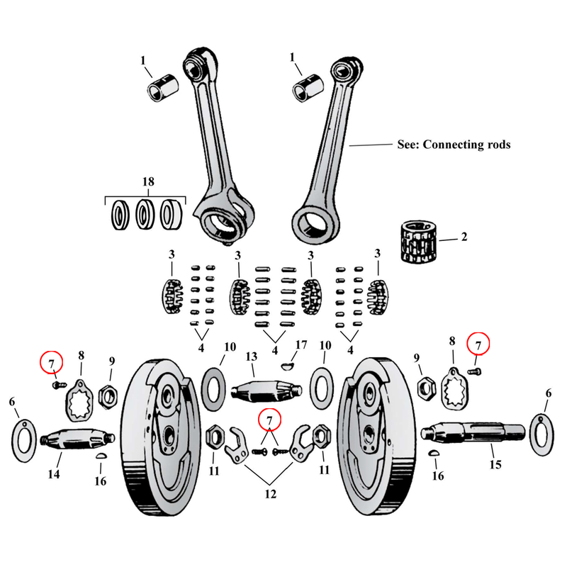 Flywheel Assembly Parts Diagram Exploded View for Harley 45" Flathead 7) 16-73 45" SV. Bolt, lockwasher crankpin/pinion & sprocket shaft nut. Replaces OEM: 2669W & 1187