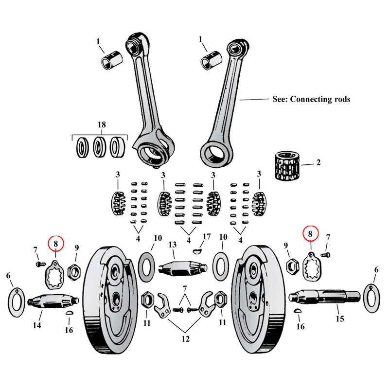 Flywheel Assembly Parts Diagram Exploded View for Harley 45" Flathead 8) 16-73 45" SV. Lockwasher, crankpin nut. Replaces OEM: 23982-12