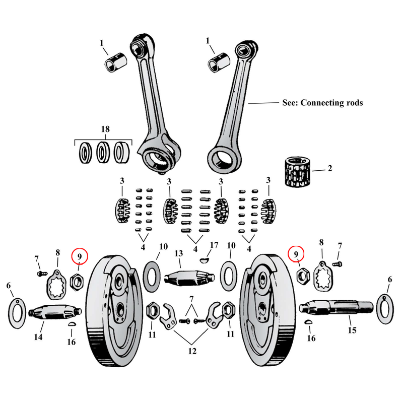 Flywheel Assembly Parts Diagram Exploded View for Harley 45" Flathead 9) 37-73 45" SV. Crankpin nuts (set of 2 nuts). Replaces OEM: 8010A