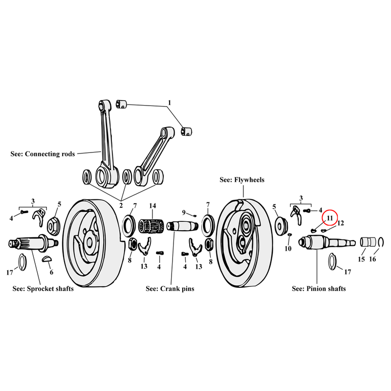 Flywheel Assembly Parts Diagram Exploded View for Harley Knuckle / Pan / Shovel / Evo 11) 54-89 Big Twin. Woodruff key, pinion shaft to worm drive gear oil pump & drive gear camshaft. Replaces OEM: 23985-54