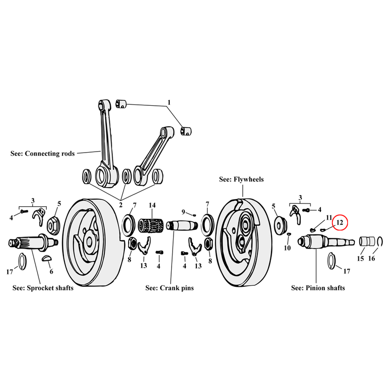 Flywheel Assembly Parts Diagram Exploded View for Harley Knuckle / Pan / Shovel / Evo 12) 54-E75 & 87-89 Big Twin. Woodruff key, pinion shaft to pinion gear. Replaces OEM: 23985-54