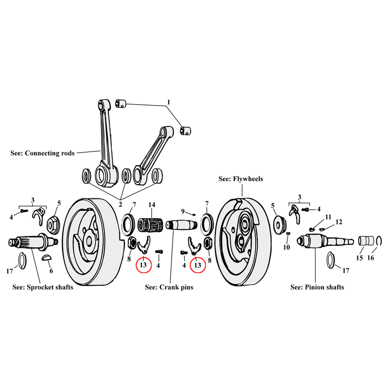 Flywheel Assembly Parts Diagram Exploded View for Harley Knuckle / Pan / Shovel / Evo 13) 36-E81 Big Twin. Lock plate, sprocket / pinion shaft. Replaces OEM: 24015-36