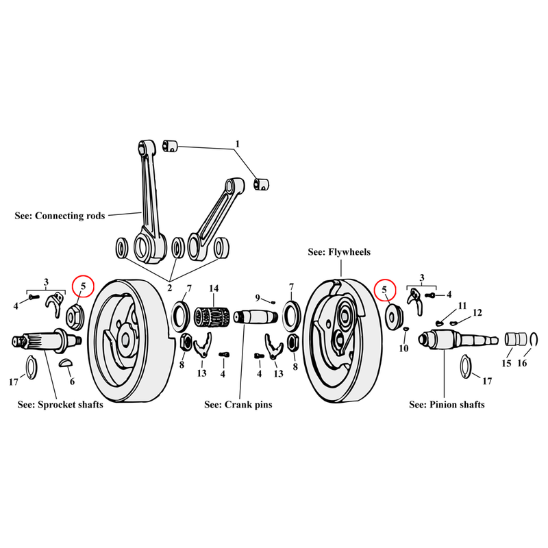 Flywheel Assembly Parts Diagram Exploded View for Harley Knuckle / Pan / Shovel / Evo 5) 41-53 Big Twin. Nut, crankpin (set of 2). Replaces OEM: 23967-41