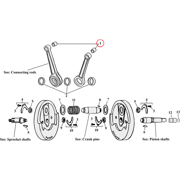 Flywheel Assembly Parts Diagram Exploded View for Harley Sportster 1) 54-22 K, KH, XL, XR1200. Jims machined wrist pin bushing (set of 2). Replaces OEM: 24331-36