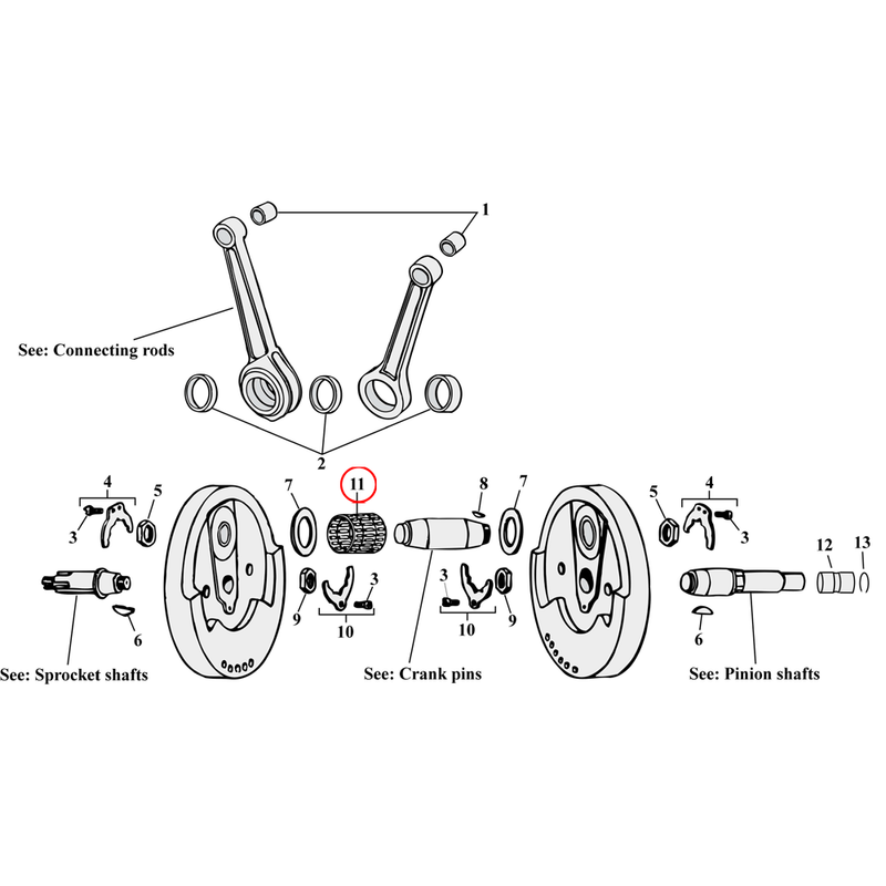 Flywheel Assembly Parts Diagram Exploded View for Harley Sportster 11) 52-99 XL. Connecting rod roller & retainer kit. Standard size. With old style alu retainer. Replaces OEM: 24370-52B
