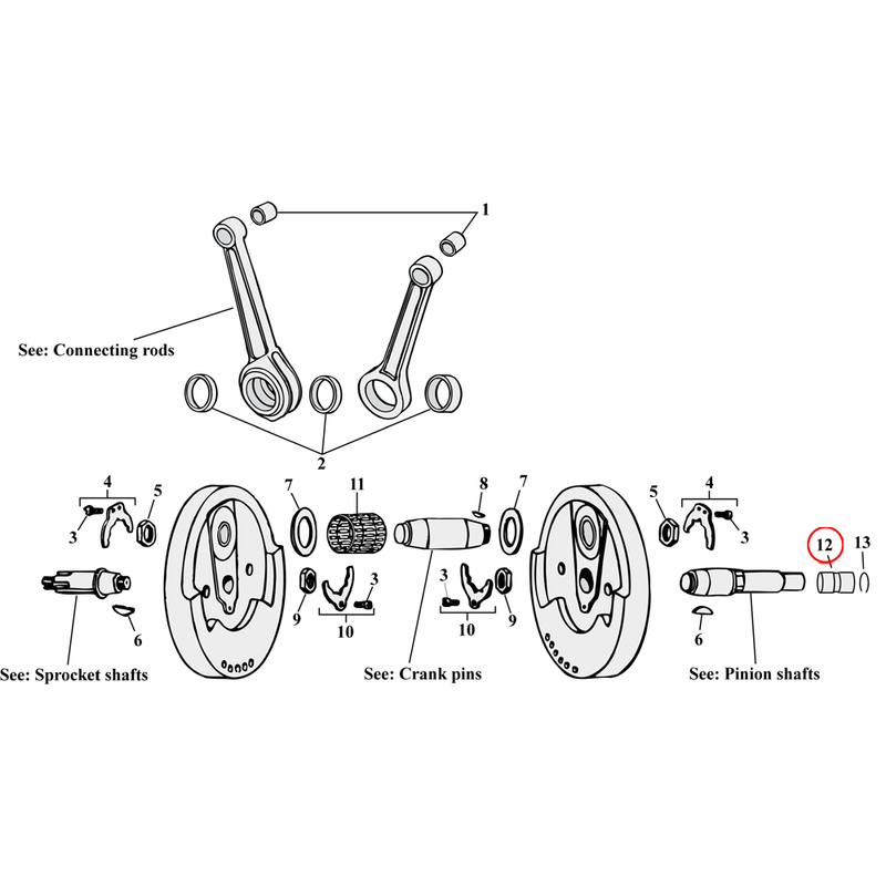 Flywheel Assembly Parts Diagram Exploded View for Harley Sportster 12) 87-22 XL & XR1200. Inner bearing race, pinion shaft. Replaces OEM: 24658-87