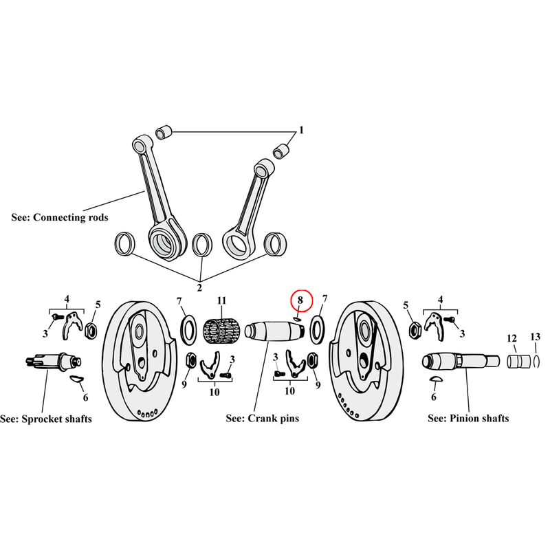 Flywheel Assembly Parts Diagram Exploded View for Harley Sportster 8) 52-E81 XL. S&S woodruff key, crankpin. Replaces OEM: 23985-18