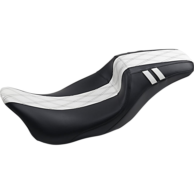 Le Pera Outcast Solo Daddy Long Legs Extended Seat for Harley 08-25 Touring (excl. 23-25 CVO; 24-25 Road Glide / Street Glide) / Diamond Black / White / Without backrest  - Customhoj