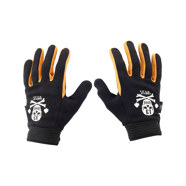 Lucky 13 Pirate Skull Motorcycle Gloves Black / Yellow / S