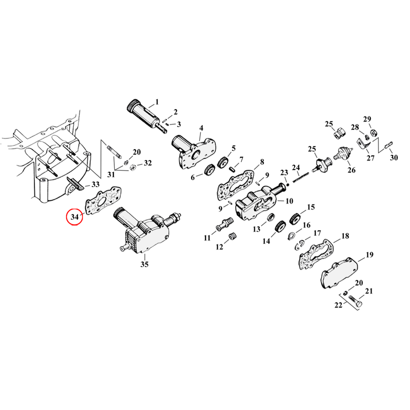 Oil Pump Parts Diagram Exploded View for 54-76 Harley Sportster 34) 52-76 K, KH, XL. James gasket, oil pump inner cover to case. Replaces OEM: 26256-52